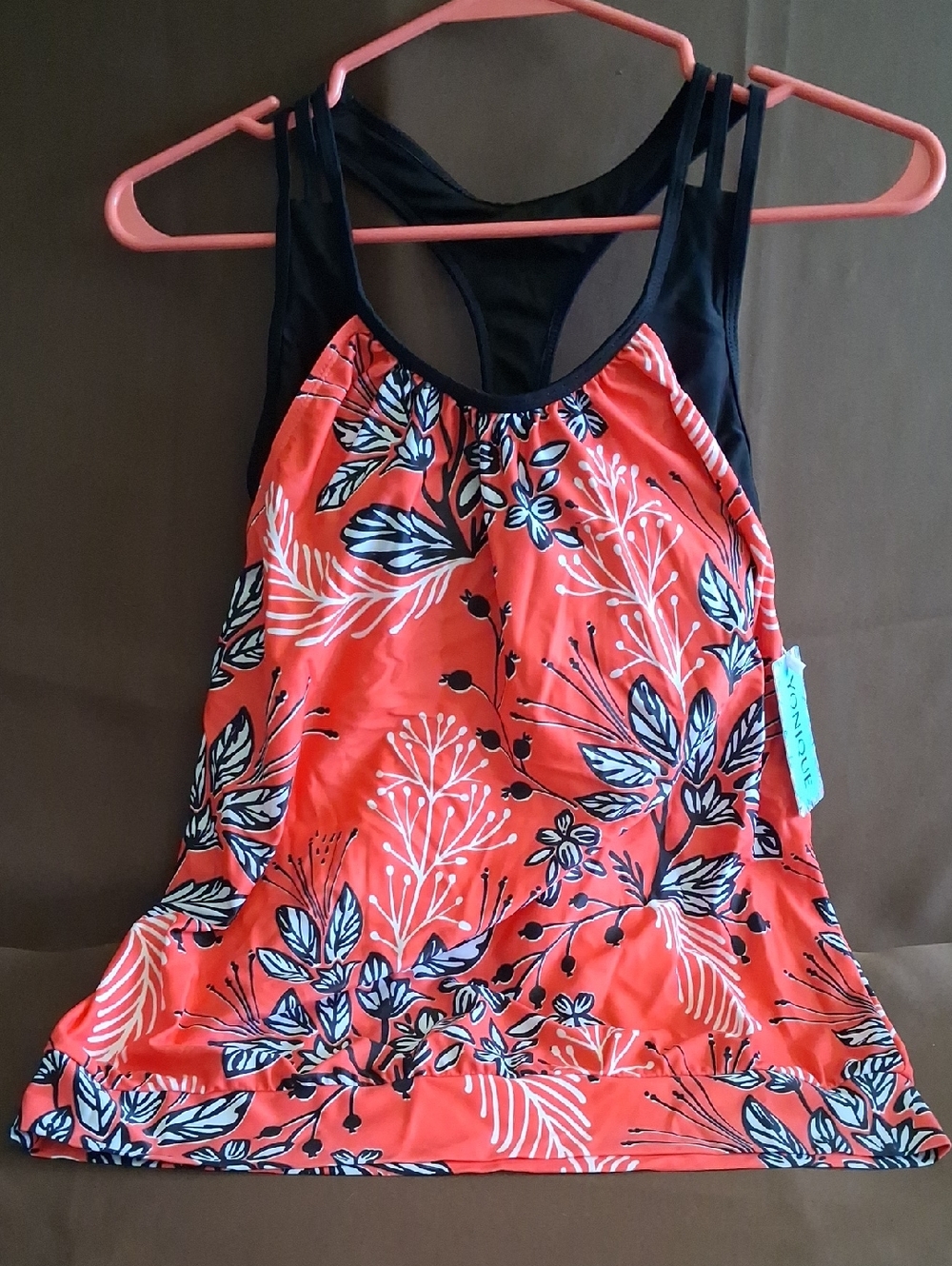 Coral Floral Racerback Tank with Black Mesh